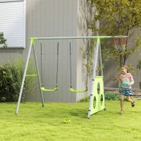 Columpio De Jardín 3 En 1 Para Niños De 3 A 8 Años Con Columpio Para Bebés, Aro De Baloncesto Y Portería De Fútbol. Estructura Metálica En Forma De A Para Uso Exterior. Capacidad De Carga: 90 Kg.