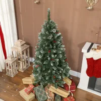 Árbol De Navidad Artificial De Interior De 150 Cm De Altura Cubierto De Nieve Con 398 Ramas, Con Piñas Decorativas Y Bayas Rojas, Base Metálica Plegable, Fácil De Montar, Color Verde.