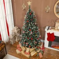 Árbol De Navidad Artificial De Interior De 180 Cm De Altura Cubierto De Nieve Con 620 Ramas, Con Piñas Decorativas Y Bayas Rojas, Base Metálica Plegable, Fácil De Montar, Color Verde.