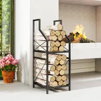 Leñero Elevado De Interior Con 2 Niveles, Cobertizo Metálico Para Leña De Interior, Soporte Para Leña Para Uso Interior Y Exterior, Capacidad De 60 Kg, 34 X 30 X 80 Cm, Negro.