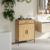 Mueble De Baño Con Dos Estantes, Cajón Grande, Estilo Industrial Y Acabado En Roble.