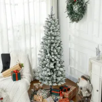 Árbol De Navidad Artificial, Diseño Estilizado, Nieve Artificial, Tres Piezas, Ignífugo, Base Metálica, 183 Cm, Verde.