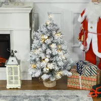 Árbol De Navidad De 92 Cm, Luces Led, Ramas Nevadas, Piñas, Ignífugo, Base De Hormigón.