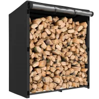 Leñero Exterior Metálico De Chimenea Soporte Para Leña Con Cubierta Impermeable Carga 300 Kg 140x70x154 Cm Negro
