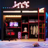 Cama Alta Gaming 90 X 200 Cm Con Escritorio, Armario Y Luz Led Negra Y Roja