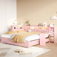 Cama Nido Tapizada Rosa 90x200 Cm, Extensible Hasta 180x200 Cm Con Escritorio