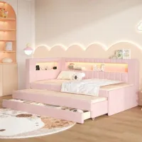 Cama Nido Tapizada Rosa De 90x200 Cm Con Cama Auxiliar, Iluminación Led Y Puertos Usb