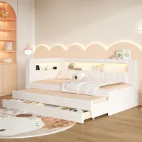 Diván Cama Tapizado Blanco De 90x200 Cm Con Cama Nido Extraíble Y Led