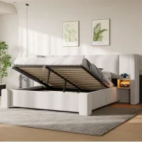 Cama Tapizada De Lino Beige 140x200 Cm Con Arcón Hidráulico Y Luz Led