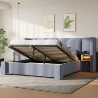 Cama Tapizada De Lino 140x200 Cm Con Arcón Hidráulico Y Luces Led