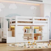 Cama Alta Blanca De 90 X 200 Cm Con Armarios, Estantería Y Escalera