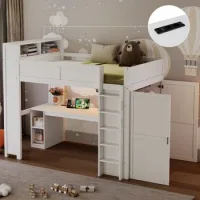 Cama Alta Blanca De 90x200 Cm Con Escritorio Integrado, Armario, Estanterías Y Luz Led
