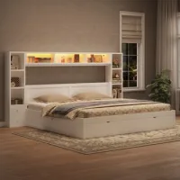 Cama Plataforma Blanca 180x200 Cm Con Cabecero, Siete Cajones Y Luz Led