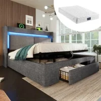 Cama Canapé De 160 X 200 Cm Con Cabecero Y 1 Cajón - Tejido De Lino - Leds Y Puertos Usb Y Tipo C - Gris (colchón Incluido)