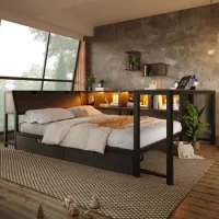Cama Multifuncional Con Escritorio Integrado, 140x200 Cm, Almacenamiento Y Luces Led