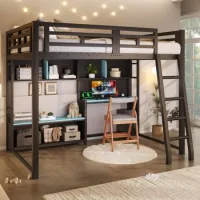 Cama Alta Con Escritorio 140x200 Cm, Estructura Metálica, Led Rgb Y Estanterías