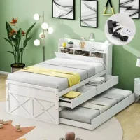 Cama Nido De Madera Maciza Blanca De 90 X 190 Cm Con Cajones Y Usb
