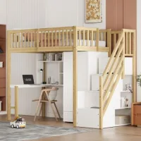Cama Alta 90 X 200 Cm Blanca Y Madera Con Armario, Escritorio Y Almacenaje