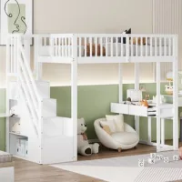 Cama Alta Infantil 90x200 Blanca Con Escritorio Y Escalera Con Almacenamiento
