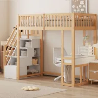 Cama Alta Infantil 90x200 Cm Con Escritorio Multifuncional, Escalera De Almacenamiento Y Acabado Blanco