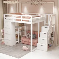Cama Alta 140x200 Cm Blanca De Madera, Con Cajones, Estantes Y Escalera Lateral