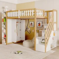 Cama Alta Infantil 90x200 Cm Con Armario Ropero Integrado, Blanco Y Madera Natural