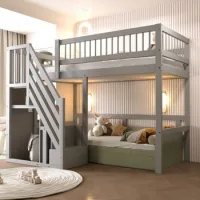 Cama Alta Infantil Gris De Madera Maciza, 90 X 200 Cm, Con Escalera Y Almacenaje