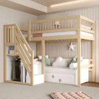 Cama Alta Infantil De Madera Maciza 90 X 200 Cm Con Escalera Y Almacenaje