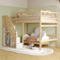 Cama Alta Infantil De Madera Maciza 140x200 Cm Con Escalera Y Almacenaje