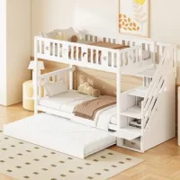 Litera Infantil Blanca De 90 X 200 Cm Con Cama Nido Y Escalera
