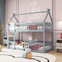 Litera Infantil De 90x200 Cm Con Escalera Integrada Y Barandillas, Gris