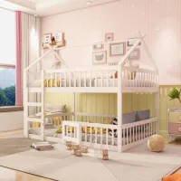 Cama Alta Infantil De Madera Blanca, 205 × 145 × 205 Cm, Escalera Y Barandillas