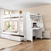 Litera Alta De Madera Blanca 140 X 200 Cm Con Escritorio Y Almacenaje Lateral