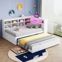Sofá Cama Individual De Madera Blanca 90x200 Cm Con Cama Extraíble, Led Y Almacenaje