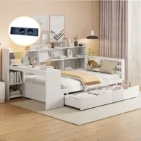 Cama Individual De 90 X 200 Cm Multifuncional Con Escritorio Y Estanterías, Blanca