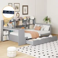 Cama Multifuncional Gris De 90 X 200 Cm Con Escritorio, Estantes Y Enchufes