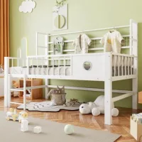 Cama Alta Infantil 90 X 200 Cm Blanca, Estructura Metálica Y Almacenaje