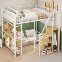 Cama Alta 140x200 Cm Blanca Con Escalera, Almacenaje Y Estructura Metálica