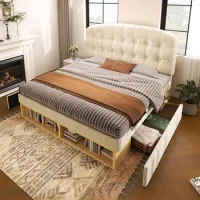 Cama Individual 90x200 Cm De Terciopelo Beige Con Cabecero Ajustable Y Cajones