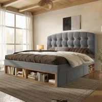 Cama Individual Tapizada 90x200 Gris Con Cajones, Almacenaje Y Cabecero Regulable