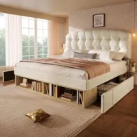 Cama Tapizada De Terciopelo Beige 140x200 Con Cabecero Ajustable Y Almacenaje