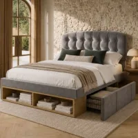 Cama Tapizada De Terciopelo Gris 140x200 Con Cabecero Ajustable Y Almacenamiento
