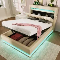 Cama Individual 90x200 Cm Tapizada En Lino Beige Con Almacenaje E Iluminación Led