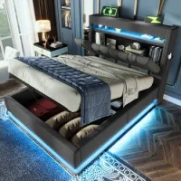 Cama Tapizada Individual 90x200 Cm Con Almacenaje Hidráulico, Led Y Puertos Usb