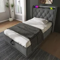 Cama Individual 90x200 Cm Tapizada Gris Con Luces Led De 360 Grados