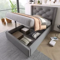 Cama Tapizada Gris De 90x200 Cm Con Cabecero Acolchado Y Arcón Abatible