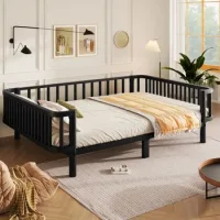 Cama De Día Metálica Negra 140 X 200 Cm Con Somier De Acero Reforzado
