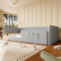 Cama Individual 90x200 Cm Gris, Tapizada En Lino Y Con Marco Acolchado