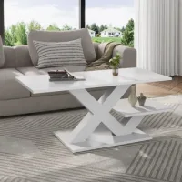 Mesa De Centro Blanca Rectangular De 100 X 48 X 45 Cm Con Doble Tablero Y Acabado Brillante