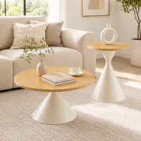 Set De Mesas De Centro Redondas, 70 Y 50 Cm, Dos Alturas Y Tablero Efecto Madera